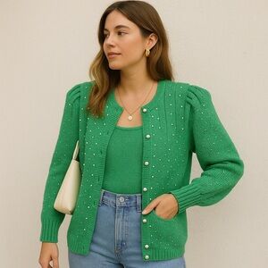 Vintage 80s Hand Knit Green Pearl Embellished Elegant  Twinset S/M